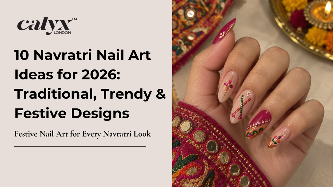 Navratri nail designs with vibrant colours, festive patterns, and traditional nail art for a...